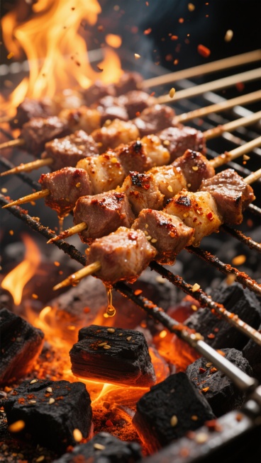 超写实风格的烧烤场景背景，特写视角下，多串鲜嫩多汁的烤肉串被整齐地架在炭火烤架上，肉串表面覆盖着金黄焦脆的烤痕和细密的辣椒粉、孜然等香料，油脂正滋滋滴落并溅起细小的油星，炭火呈现出炽热的橙红色火焰和黑色炭块，火星与香料粉末在空气中飞舞，整体画面光影对比强烈，暖色调为主，火焰的明亮光芒照亮肉串的纹理细节，营造出浓郁诱人、热气腾腾的烧烤氛围，背景聚焦于烧烤架和炭火，突出食物与火焰的动态互动感。预览效果