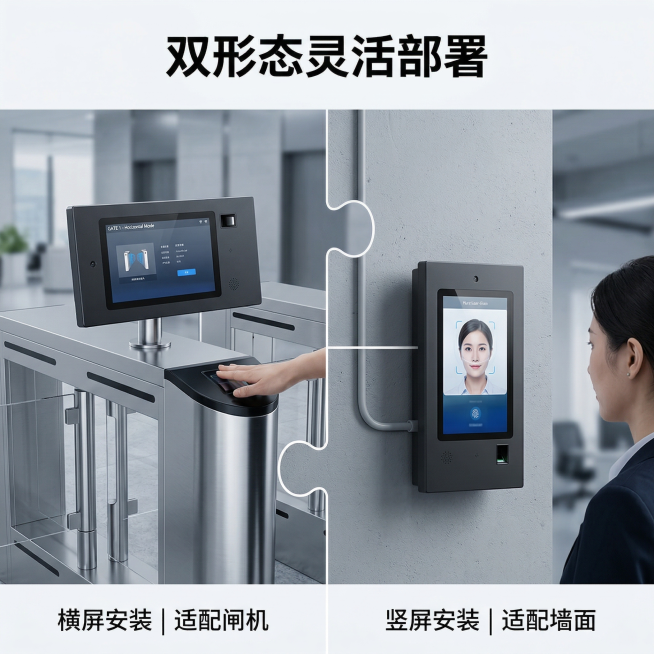 基于用户提供的考勤机原图，展示产品双形态灵活部署的核心卖点。外观保持与原图一致，通过拼图方式呈现横屏安装和竖屏安装两种形态，分别展示适配墙面和门禁闸机的不同安装环境。画面上方添加主标题“双形态灵活部署预览效果