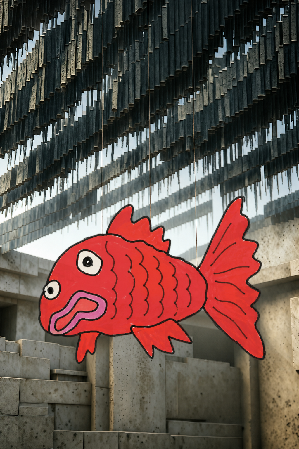 保持原图悬挂红色金鱼雕塑和混凝土建筑背景整体构图不变，金鱼保持… - 图片创意预览