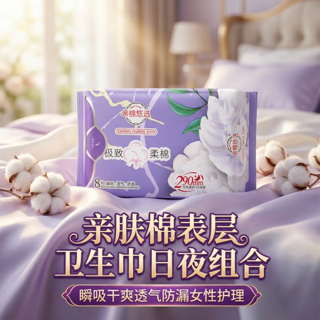 我是网店卖家，产品是女士生理期用品卫生巾，，根据你的经验帮我生成一个电商主图，/提升一些包装质感，切记不要出现网络违禁词,略微提升质感包装袋生成的包装主体不能改变，/背景可以更换更适合产品的高级背景/预览效果