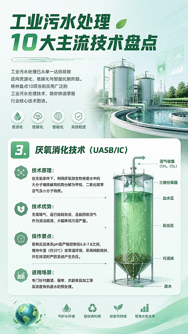 帮我生成一张严肃、简洁的环保科普海报。主色调使用浅绿，色系清透，高科技，体现干净整洁专业。海报核心文案如下，请按层级清晰排版：标题：【工业污水处理10大主流技术盘点】工业污水处理已从单一达标排放迈向资源化、低碳化与智能化新阶段。格林盘点10项当前应用广泛的工业污水处理技术，助你快速掌握行业核心技术图谱。3. 厌氧消化技术（UASB/IC）
技术原理：在无氧条件下，利用厌氧微生物将废水中的大分子难降解有机物分解为甲烷、二氧化碳等沼气及小分子物质。
技术优势：无需曝气，运行能耗极低，且能回收沼气作为清洁能源，大幅降低污泥产量。
操作要点：需将反应体系pH值严格控制在6.8-7.8之间，维持中温（约35℃）或常温环境，采用间歇搅拌，并在排泥时严防系统产生负压。
适用场景：专门针对酿酒、屠宰、农副食品加工等高浓度有机废水的预处理。