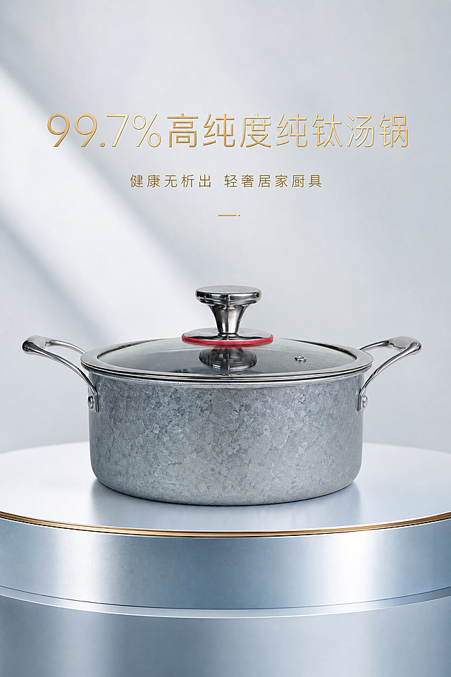久阳99.7%纯钛双耳汤锅 10屏2:3竖版电商详情图AI设计提示词
通用强制规范（全屏统一）
1. 画面比例：固定2:3竖版，8K超清画质，光影高级、无噪点、无模糊失真。
2. 产品还原：严格还原产品原图所有细节，包含配色、肌理、结构，去除背景杂物、手部元素；产品尺寸口径20-24cm、锅深8-10cm，1:1精准还原比例。
3. 视觉风格：统一细质轻奢风、哑光质感风、极简留白风，低饱和高级配色，整体画面协调无割裂。
4. 文字效果：采用无衬线极简字体，搭配鎏金烫金、低饱和渐变质感，通过居中、左右对齐实现层级排版，主次清晰。
5. 整体基调：轻奢居家、健康高端、简约质感，适配中高端厨具电商视觉。
第1屏：首屏海报·品牌主打封面
正向提示词：2:3竖版电商首屏海报，8K超清，极简留白轻奢风格，浅冰蓝、钛金属银为主色调，鎏金为辅助色。居中构图，久阳纯钛双耳汤锅C位立体展示，光影层次丰富，凸显锅身雪花结晶肌理。主标题居中：【99.7%高纯度纯钛汤锅】，副标题居中：【健康无析出 轻奢居家厨具】，文字鎏金烫金质感，字体纤细高级。浅灰极简背景，柔光质感，整体简约大气，突出产品高端颜值与核心材质卖点，无杂物、无手部入镜，产品比例精准。
负面提示词：禁止杂乱背景、刺眼配色、网红廉价风、画面模糊、产品变形、手部入镜、文字堆砌、光影杂乱、高饱和色彩、构图拥挤。
第2屏：核心卖点·高纯钛材质科普
正向提示词：2:3竖版卖点详情屏，8K高清，细质轻奢极简留白排版。产品侧展特写，清晰呈现雪花结晶肌理，左对齐文字排版。主标题：【99.7%高纯纯钛 食材级健康材质】，副标题：【无重金属析出 守护全家饮食健康】。搭配极简材质肌理特写，低饱和柔和光影，哑光高级质感，画面干净直观，精准还原产品尺寸与外观细节，无多余装饰杂物。
负面提示词：禁止花哨配色、文字堆砌、比例失调、画面失真、卡通风格、厚重滤镜、背景杂乱、水印图案。
第3屏：工艺亮点·雪花结晶肌理工艺
正向提示词：2:3竖版工艺展示屏，8K超清，哑光轻奢质感风。锅身微距特写，极致凸显细腻雪花结晶纹理，质感通透高级。文字右对齐排版，主标题：【雪花结晶工艺 高颜值质感锅身】，副标题：【一体成型工艺 耐磨耐刮 经久如新】。纯白留白背景，光影聚焦产品，鎏金文字点缀，字体层级分明，精准还原产品原色质感，画面精致高级，可视化呈现工艺优势。
负面提示词：禁止纹理模糊、过度修图、花哨装饰、画面暗沉、字体粗糙、构图拥挤、多余道具、色彩偏差。
第4屏：结构设计·人性化细节配置
正向提示词：2:3竖版细节展示屏，8K高清，极简轻奢风，分栏模块化排版。多视角展示双耳防烫把手、钢化玻璃可视锅盖、一体成型锅身细节。文字居中对称排版，主标题：【人性化贴心设计 家用更省心】，副标题：【防烫双耳+可视玻璃盖 蒸煮一目了然】。浅冰蓝渐变背景，光影均匀柔和，细节清晰锐利，文字低饱和渐变质感，画面整洁高级，全方位展示产品实用结构，精准还原产品尺寸细节。
负面提示词：禁止细节模糊、结构缺失、排版混乱、艳丽配色、廉价质感、画面脏乱、光影杂乱、多余杂物。
第5屏：适配场景·全炉灶通用适配
正向提示词：2:3竖版场景适配屏，8K高清，极简轻奢融合自然治愈风。高端简约厨房实景场景，分别展示汤锅适配明火、电磁炉的使用状态，产品摆放自然协调。文字左对齐排版，主标题：【全炉灶通用 适配家用多种场景】，副标题：【明火/电磁炉通用 炖煮熬煮一机多用】。画面色调统一低饱和，光影自然，产品与场景融合无违和，干净高级，突出产品通用适配优势，精准还原产品外观细节。
负面提示词：禁止老旧杂乱场景、场景花哨、产品悬浮失真、滤镜过重、元素冗余、画面模糊、视觉违和。
第6屏：尺寸参数·精准规格展示
正向提示词：2:3竖版参数规格屏，8K高清，极简商务质感风，分栏模块化排版。产品正视完整展示，搭配极简数据模块，清晰标注核心参数：口径20-24cm、锅深8-10cm、99.7%纯钛材质。文字居中对称排版，主标题：【精准尺寸规格 适配全家家用】，副标题：【科学容量 日常炖煮刚刚好】。纯白留白背景，文字鎏金烫金质感，排版规整专业，无多余装饰，简约高端，精准还原产品比例细节。
负面提示词：禁止文字错乱、排版杂乱、花哨配色、产品变形、卡通元素、构图拥挤、参数错误、多余图案。
第7屏：安全优势·健康无析出卖点
正向提示词：2:3竖版安全卖点屏，8K超清，极简高级质感风。产品轻奢静态摆拍，搭配极简安全可视化图标，凸显食品级安全属性。文字右对齐排版，主标题：【食品级纯钛材质 无毒无析出】，副标题：【耐酸碱耐腐蚀 高温炖煮更健康】。低饱和浅色系渐变背景，光影柔和治愈，文字层级清晰，画面干净简约，精准还原产品原色原貌，凸显健康安全核心优势。
负面提示词：禁止夸张惊悚氛围、杂乱图标、刺眼配色、画面暗沉、廉价字体、多余杂物、过度修图失真。
第8屏：使用优势·易清洁耐用特性
正向提示词：2:3竖版实用卖点屏，8K高清，哑光轻奢质感风。组合画面展示产品整体外观与锅内壁光滑特写，可视化呈现不挂壁、易清洁优势。文字居中排版，主标题：【一体成型无缝锅身 一擦即净】，副标题：【耐磨抗造 日常家用经久耐用】。极简留白背景，光影聚焦内壁细节，凸显哑光细腻肌理，文字低饱和渐变质感，风格统一高级，卖点直观清晰。
负面提示词：禁止画面杂乱、细节模糊、色彩偏差、夸张滤镜、多余道具、排版错乱、质感廉价。
第9屏：整体颜值·多场景居家百搭
正向提示词：2:3竖版颜值展示屏，8K超清，细质轻奢+极简留白风。高端轻奢厨房场景，产品摆放于极简大理石台面，柔和自然光烘托质感，多角度展示产品整体造型与雪花肌理。文字左对齐排版，主标题：【轻奢美学厨具 适配各类居家风格】，副标题：【颜值与实力并存 提升厨房质感】。整体色调统一高级，无视觉割裂，精准还原产品所有细节，场景简约干净、高级治愈。
负面提示词：禁止廉价网红场景、色彩杂乱、质感失真、高饱和画面、摆件堆砌、画质模糊、光影杂乱。
第10屏：收尾屏·品牌总结价值升华
正向提示词：2:3竖版封底收尾屏，8K超清，极简高端轻奢风。产品居中全景立体展示，完整呈现整体造型与肌理质感，留白背景搭配轻微鎏金肌理点缀。文字居中对称排版，主标题：【久阳纯钛汤锅 重新定义健康炖煮】，副标题：【99.7%高纯纯钛 · 健康安全 · 轻奢耐用】。底部极简品牌标语，文字鎏金烫金质感，画面规整大气、风格闭环，精准还原产品细节，无杂物无水印，拔高产品品牌调性。
负面提示词：禁止画面廉价空洞、文字堆砌、花哨配色、产品模糊变形、多余装饰、水印logo、光影突兀、风格割裂。「图片1」「图片1」「图片1」「图片1」「图片1」「图片1」「图片1」「图片1」「图片1」「图片1」