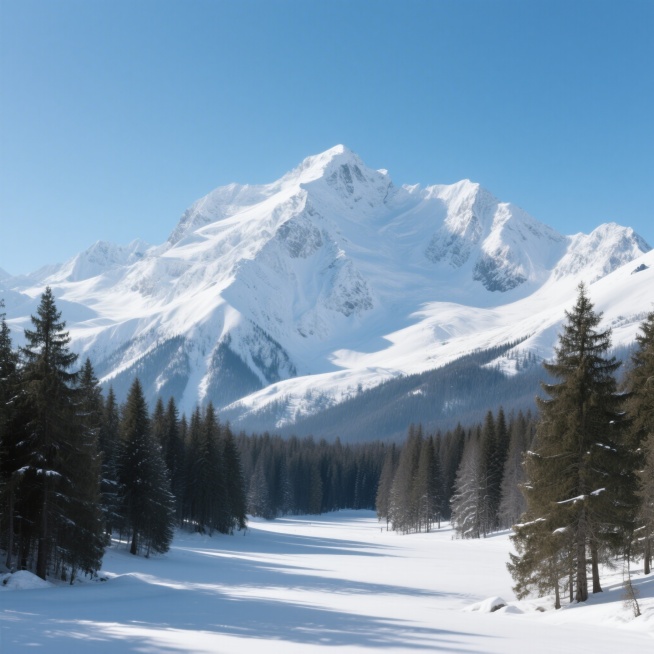写实摄影风格自然风景，冬日雪山，巍峨的雪山被皑皑白雪覆盖，山脚下是一片静谧的针叶林，阳光洒在雪面上泛着清冷的光，天空湛蓝无云预览效果
