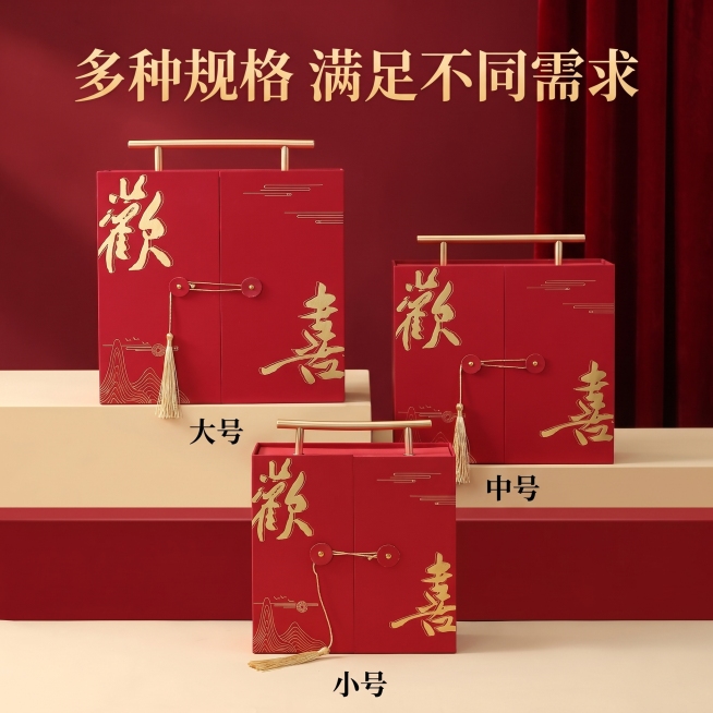 [主图-5] 欢喜喜糖盒多规格选择展示。
[氛围风格] 规整清晰，暖调喜庆选购感。
[画质] 高清商业摄影质感，光线柔和通透，产品清晰真实，画面干净高级，色彩鲜亮，质感柔和。
[元素] 将大中小三个尺预览效果