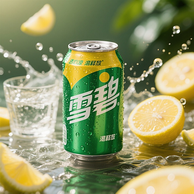 高清产品摄影风格，绿色与黄色渐变底色的雪碧罐装饮料，表面有水珠质感，白色“雪碧”文字与“透心凉 渴释放”字样清晰可见，银色罐装边缘，置于夏日阳光照耀下的冰镇玻璃杯旁，背景为散落的新鲜柠檬片与气泡水飞溅的动态场景，整体色调明快清爽，光影对比鲜明，突出饮料的冰爽解渴特质。