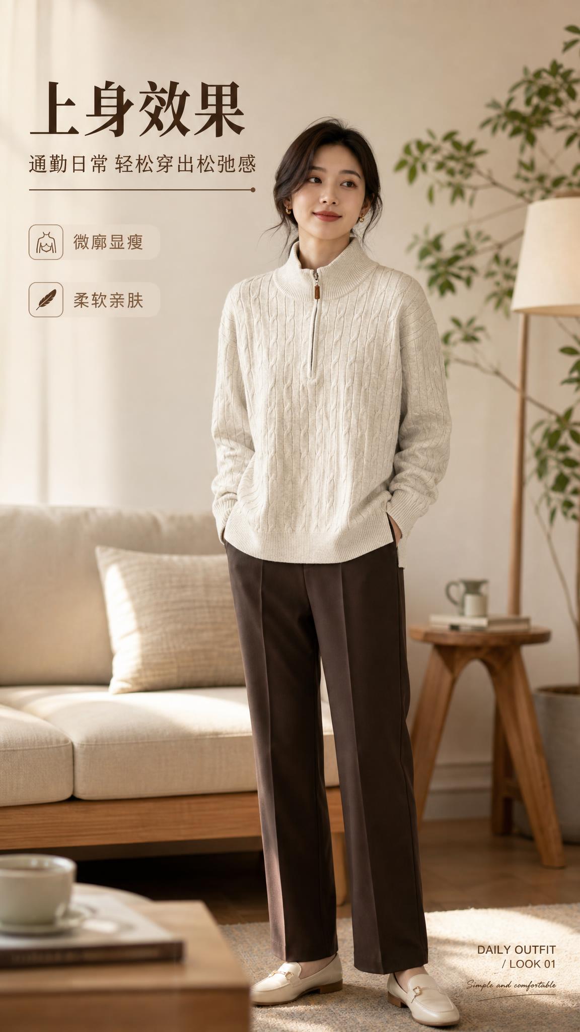 [商品] 使用【图1】米白色半拉链立领绞花针织毛衣；商品处理：… - 图片创意预览