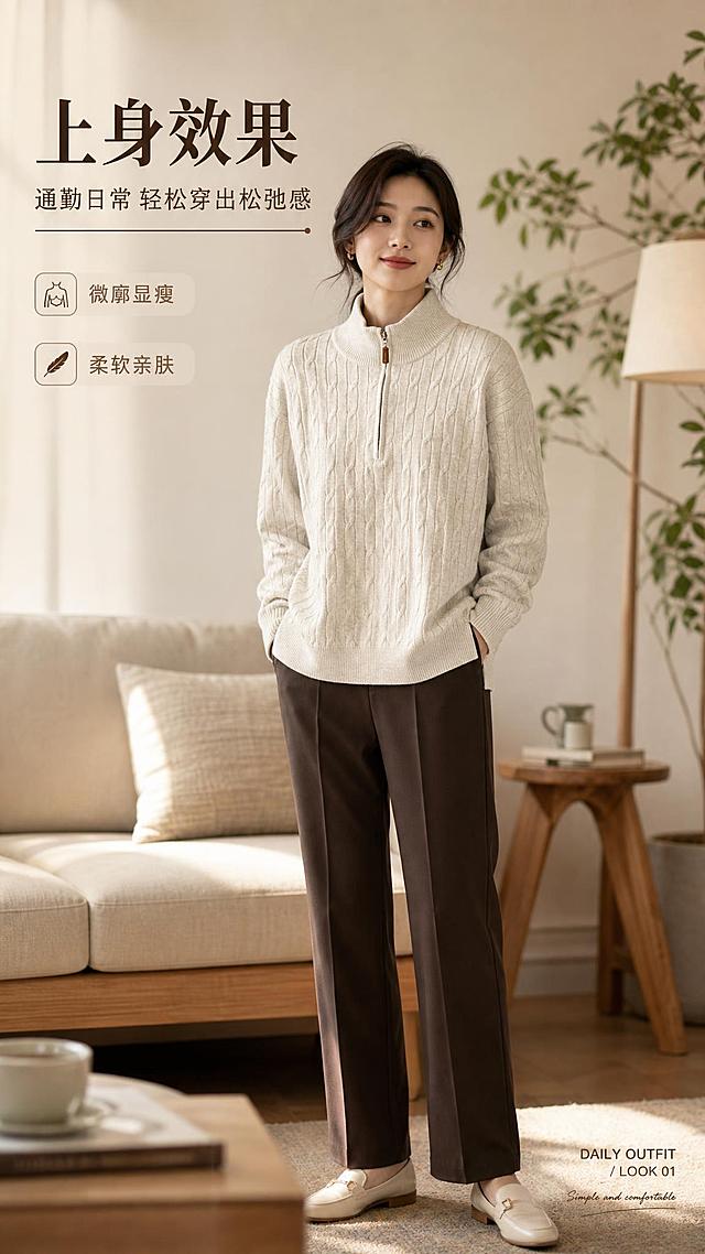 [商品] 使用【图1】米白色半拉链立领绞花针织毛衣；商品处理：保留半拉链立领、棕色皮质拉链头、竖条绞花针织纹理、落肩袖、罗纹收口、侧开衩、米白燕麦色调和整体版型；穿在亚洲女模特身上，自然去皱，增强绞花立体感和针织质感，不改变版型、颜色和结构。
[画面] 页面目标：上身穿搭主造型展示，体现版型与日常通勤场景代入感。竖版9:16构图，亚洲女模特（25-30岁，气质通勤，自然淡妆）正面微侧站立，毛衣为视觉中心，占画面约65%；模特下装搭配深棕色直筒西裤+米色乐福鞋，站在暖调北欧风室内场景中（米色沙发+原木边几+落地灯+绿植）；前景有虚化桌面摆件，中景模特全身，后景柔焦室内，三层景深；左上空出标题区。
[视觉] 套系策略：风格=轻复古通勤杂志画报风；标题字=现代衬线粗体（带轻微复古衬线）；正文字=简洁无衬线体；主色=燕麦米白；背景延展=基于燕麦米白做深浅层级、同色渐变和细腻织物/哑光墙面质感；强调色=焦糖棕，仅用于小面积图标、引线、标签底衬和拉链高光呼应；标题色=深摩卡棕；正文色=暖灰棕；组件=圆角浅米色信息卡、细棕线引线、手写感英文小字；光影=左前侧暖柔光，柔和自然阴影，整体暖调低对比，高级电影感。
[文字] 左上主标题「上身效果」，副标题「通勤日常 轻松穿出松弛感」；下方2个短卖点：「微廓显瘦」「柔软亲肤」；右下角小号英文装饰「DAILY OUTFIT / LOOK 01」；所有文字横排，不遮挡模特和毛衣主体。
[规格] 图片比例9:16竖版，4K，medium质量，避免变形、错字、文字过小、冷蓝背景、毛衣颜色改变、版型失真、模特面部不自然。
