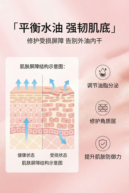 肌肤状态可视化设计。主标题「平衡水油 强韧肌底」，副标题「修护受损屏障 告别外油内干」，左侧为肌肤屏障结构示意图（健康状态 vs 受损状态对比），右侧文字标注功效：「调节油脂分泌」「修护角质层」「提升预览效果