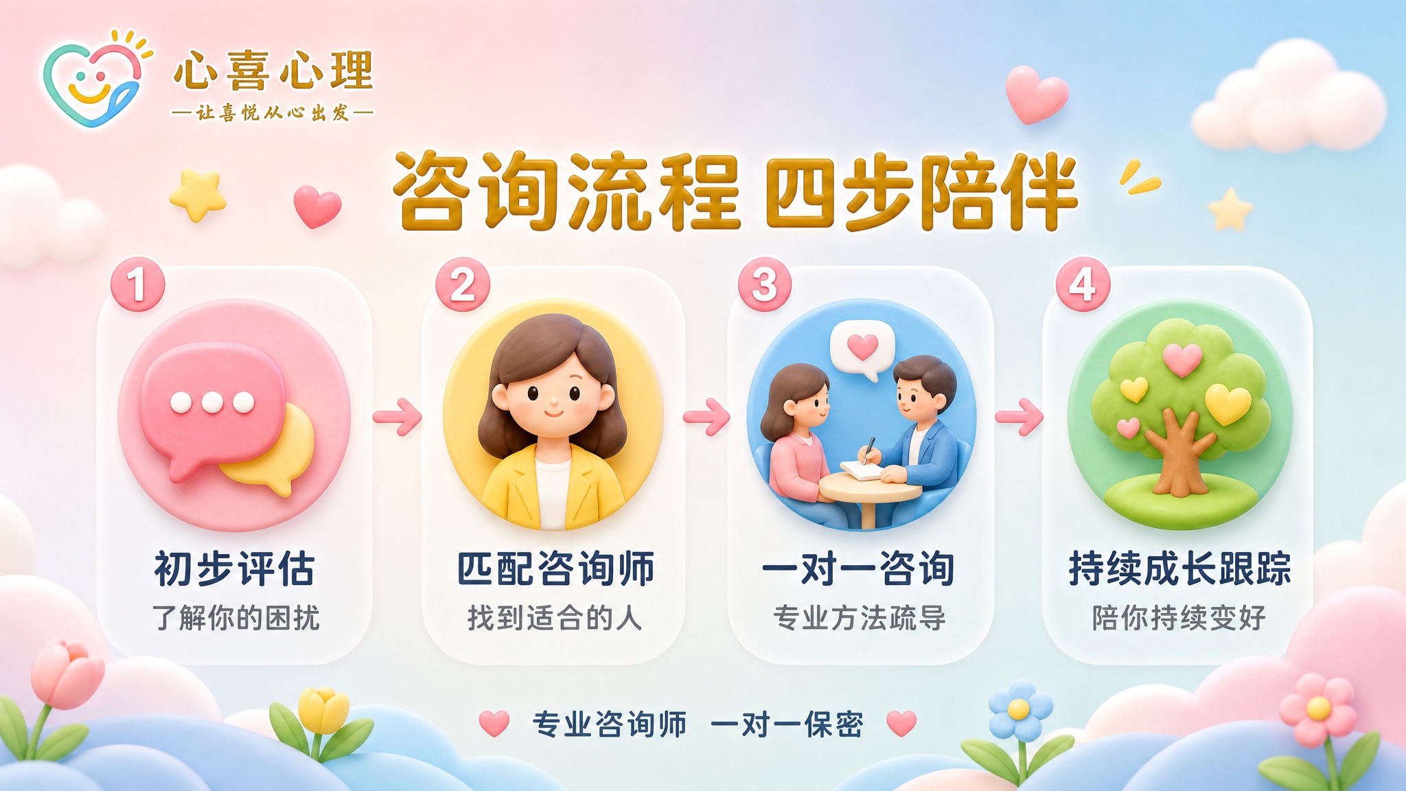[主图-4] 咨询流程图，核心展示心理咨询服务的四步流程，让用… - 图片创意预览