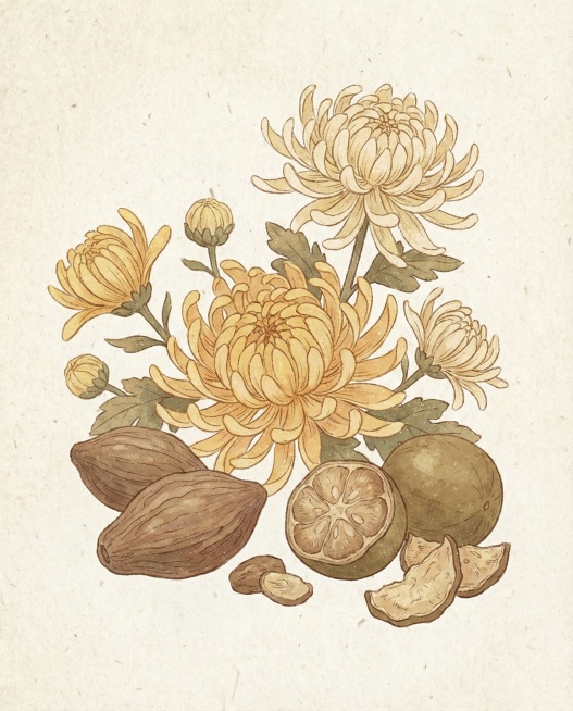 生成胖大海、菊花、罗汉果的插画，采用和参考图一致的复古淡彩手绘画风，柔和低饱和配色，线条细腻，带有纸张纹理背景预览效果