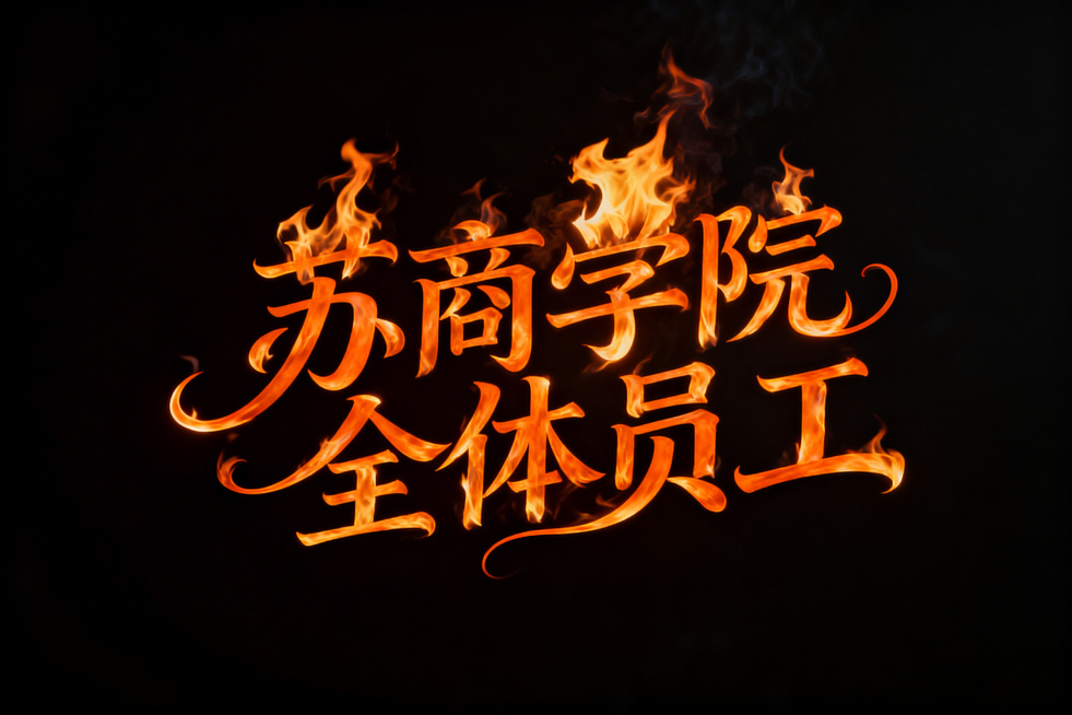 用跃动火焰组成的大字“苏商学院全体员工”，字体风格为优雅花体，火焰沿着花体笔画蜿蜒舞动，颜色为橙色，背景为黑色，以衬托火焰的明亮与跃动感。预览效果