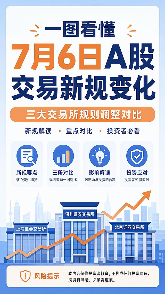 生成一张小红书风格的投教图解海报封面，主题是7月6日A股三大交易所交易新规解读。封面主标题：一图看懂|7月6日A股交易新规变化，副标题：三大交易所规则调整对比，适合投资者收藏学习。使用扁平科普风格，配色为金融蓝+浅橙，小红书大字封面版式，信息层级清晰，底部保留独立风险提示区，内容为：本内容仅作投资者教育，不构成任何投资建议。投资有风险，决策需谨慎。画面干净清晰，适合小红书竖版展示，无多余水印、装饰。