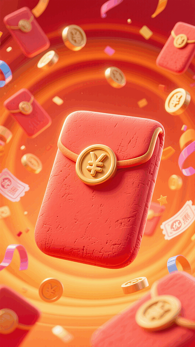 前景是一个大的红色红包悬空（带着“￥”符号的金扣），背后散发着光芒，背景是一个节日漩涡，橙红渐变色的漩涡中有许多红包、金币、优惠券、彩带等。热闹氛围。