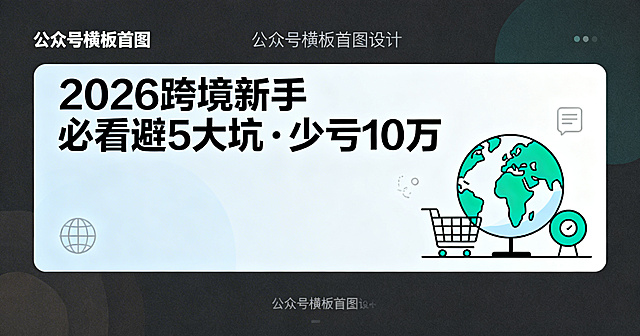 公众号横板首图，风格简洁，画面上方有大字号标题“2026 跨境新手必看避5大坑・少亏10万”，搭配简约的跨境相关元素，如极简风格的地球、购物图标，整体配色清爽舒适，视觉重点突出