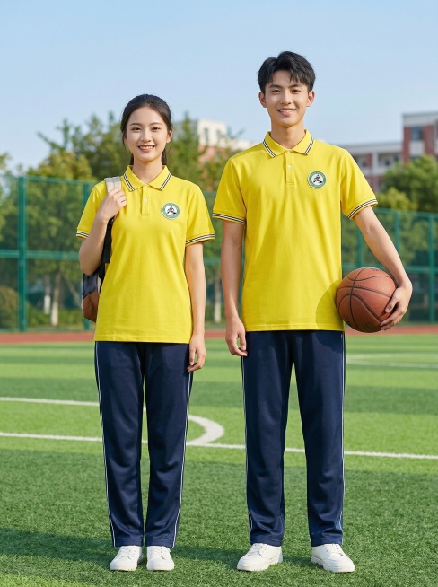 产品完整清晰展示在画面视觉中心，人物与校服完整呈现，比例协调不变形。严格使用上传产品的款式和颜色，黄色上衣为珠地棉，保留校徽设计，不添加其他文字，裤子为藏蓝色南韩丝。画面整体色调明亮清新、高饱和度，充预览效果