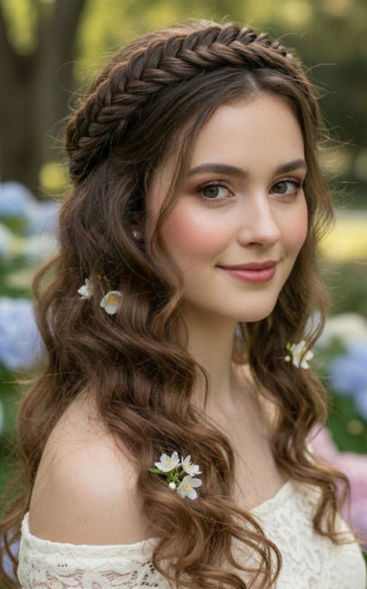 将右侧的发带戴在左侧女子的头上，位置自然贴合保留春日清新感，发丝蓬松自然辫子发箍融入整体造型预览效果