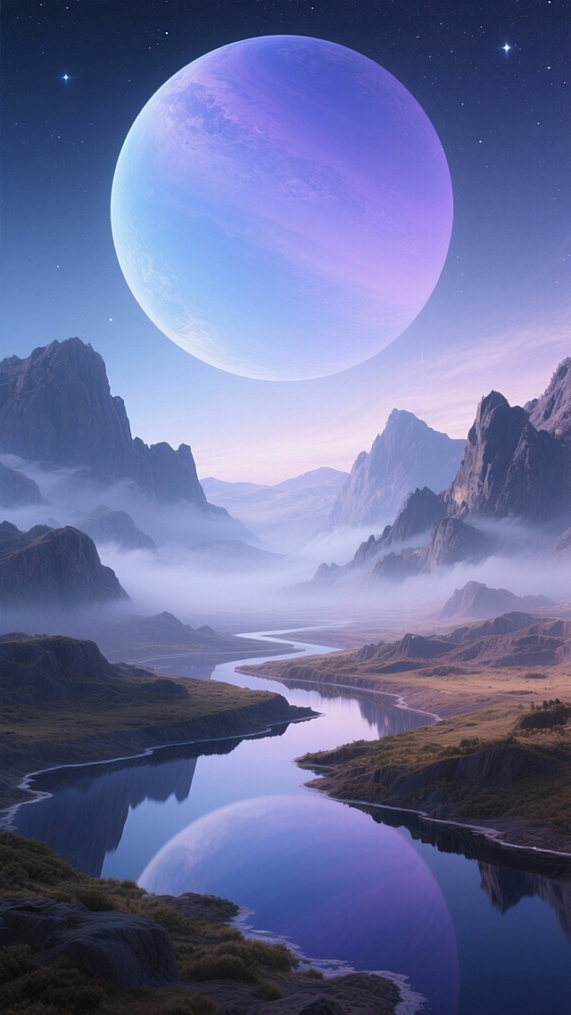 生成15张星球科幻高清图的生成。呈现不同色彩搭配、地貌特征的外星星球场景，包含巨型星球、山地水域、星空等元素。