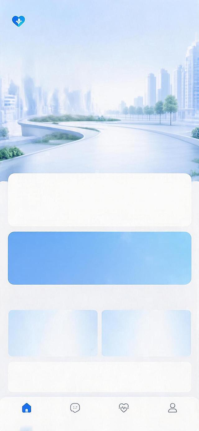 移动端竖版智慧医疗UI界面设计，主题是“智慧医疗，智护健康”，头图为3D创意视觉，大厂运营图质感，主次突出，内容简洁不繁杂，字体设计有创意，元素清晰可见，画面干净不崩坏，商业交互逻辑清晰，竖版移动端UI