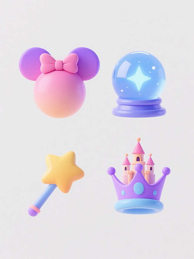 迪士尼风格3D插画，采用柔和渐变色彩（粉、紫、橙、蓝为主色调），圆润可爱的造型，光滑细腻的材质质感，明亮均匀的光影效果，纯白纯色背景。画面中规整排布四个完全不同的迪士尼元素：左侧上方是一个带有米奇耳朵轮廓的粉色蝴蝶结，右侧上方是一个蓝色魔法水晶球，左侧下方是一个黄色星星形状的魔法棒，右侧下方是一个紫色皇冠，每个元素都具有城堡插画中的相同3D立体感、渐变色彩和可爱风格，整体构图平衡对称，信息传达清晰，充满童话梦幻氛围。