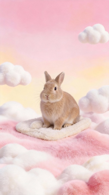 图一放到图二，图中的垫子保持不变，兔子换成一只呆萌可爱浅棕色的小兔兔（真实），商业实拍摄影预览效果