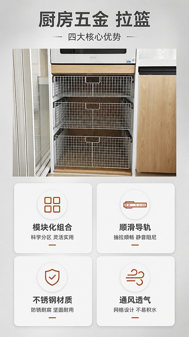 [第2屏] 核心卖点总览-四大优势icon卡片。本屏使用【图10】作为产品展示主体。
[氛围/风格] 现代简约高级灰，信息卡片式排版，专业整洁。
[元素布局] 画面上方为产品小图展示（嵌入橱柜的四层不锈钢网格拉篮正面视角），占比约35%；下方为2x2排列的四个圆角卖点卡片，每卡配图标+标题+简短说明；背景为浅灰色渐变，有细微纹理质感。
[光影质感] 均匀柔光，产品金属质感清晰，卡片有轻微投影增加层次。
[配色色系] 全局底色 #F2F2F2 浅灰；主色深灰文字；辅助色红棕色 #8B4513 图标点缀、白色卡片底。
[视角构图] 正面视角，上下结构，上产品下卖点，阅读动线从上到下。
[文字版式] 顶部主标题「厨房五金 拉篮」，副标题「四大核心优势」；四张卖点卡分别为：左上「模块化组合」配网格图标+说明「科学分区 灵活实用」，右上「顺滑导轨」配滑轨图标+说明「抽拉顺畅 静音阻尼」，左下「不锈钢材质」配盾牌图标+说明「防锈耐腐 坚固耐用」，右下「通风透气」配风图标+说明「网格设计 不易积水」；每卡图标在上，文字在下，排版整齐。
[比例分辨率] 9:16 竖版比例，4K分辨率，文字清晰可辨。
[负向提示词] 拉篮变形，结构错误，水印，文字过小，颜色偏差，背景杂乱。