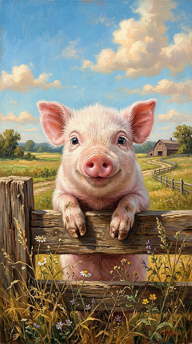 古典油画风格，笔触明显，细腻写实光影，超高清超细节，专业插画，无水印；主体：粉色小猪前爪搭在木栅栏上，探出头望向镜头，圆溜溜清澈大眼睛，温柔微笑表情，憨态可掬；粉粉嫩嫩大耳朵，圆滚滚粉鼻子，蓬松柔软白色绒毛，自然泥土感蹄子，细节饱满；场景：做旧木质栅栏，栅栏旁枯黄野草、细碎小花；背景是开阔蓝天，蓬松暖调云朵，晴朗午后阳光，美式乡村田园氛围；色彩：暖调光影，蓝白天空、粉色小猪、棕色栅栏，色彩层次丰富