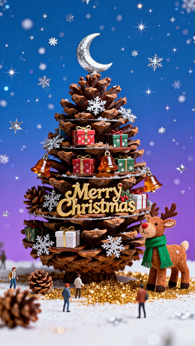 四层松果堆叠的微缩圣诞树场景，缀着银箔雪花、琥珀色铃铛，顶部银色月牙，树身有 “Merry Christmas” 鎏金艺术字。每层嵌着圣诞礼盒；树外右下角立着棕毛绒驯鹿（挂绿围巾），地面撒金粉松果。背景是上下渐变的蓝紫双色，空中飘着闪银雪粒与星点。