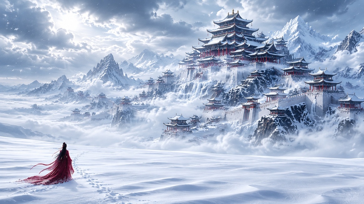 【构图】纵深广角构图，前景一望无际平缓厚积雪雪原，雪面留有浅淡行走痕迹，画面左下仅有一个极小古装女子背影；巨型多层重檐天宫建筑群盘踞覆满白雪的山脊，主殿层层叠叠高耸突出，配套宫墙沿山体向远方无限延伸；预览效果