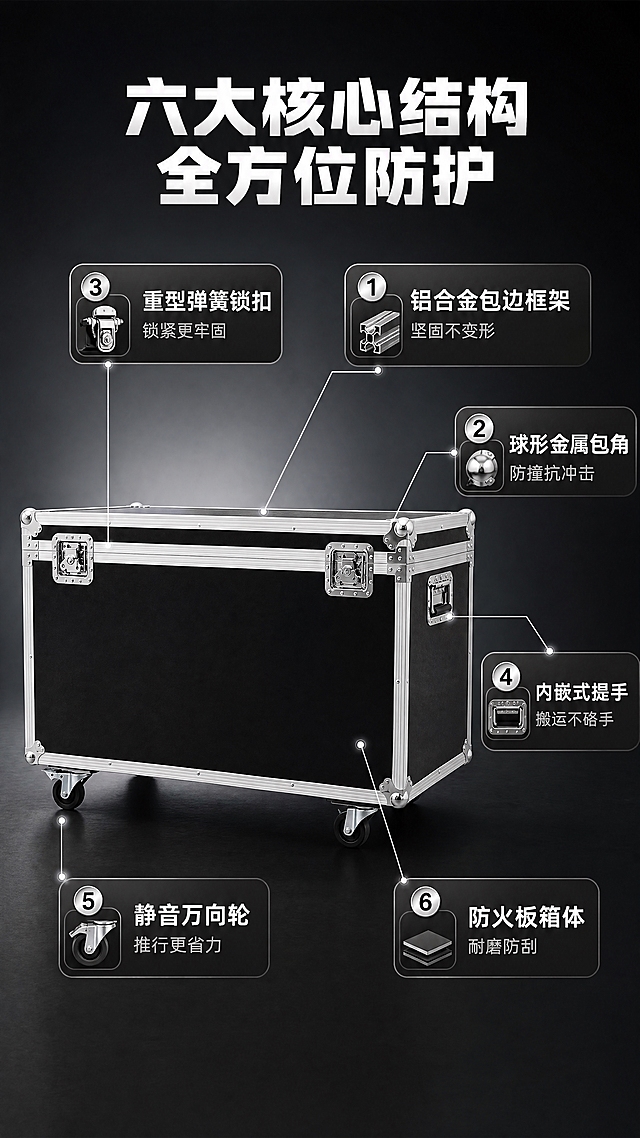 [商品] 使用【图1】黑色铝合金航空箱；保留整体长方体结构、银色铝合金包边框架、黑色箱体面板、顶部金属锁扣、侧面提手、底部万向轮、四角圆形金属包角的完整外观；作为结构引线标注的主体。
[画面] 目标：结构解析页，引线标注航空箱6大核心结构部件及用户收益。构图：产品主体居中偏左，占画面50%，正面微侧角度；右侧和上下分布引线标注信息。景别：全景。前中后景：深炭灰渐变背景，中景航空箱主体，周围悬浮银色引线和信息卡。阅读动线：从产品中心向四周扩散阅读各部位卖点。
[视觉] 套系策略：风格=工业风硬朗商业摄影，高级质感；标题字=粗黑体，厚重有力；正文字=简洁无衬线黑体；主色=炭黑+金属银；背景延展=深炭灰渐变打底，中心区域略亮突出产品；强调色=亮银色，仅用于小面积图标、引线和高光点缀；标题色=纯白；正文色=浅银灰；组件=银色细线引线、圆角深色信息卡、编号圆点；光影=左前侧主光，突出金属边缘高光和箱体立体感。
[文字] 顶部主标题「六大核心结构 全方位防护」。引线标注6处：① 铝合金包边框架 — 坚固不变形；② 球形金属包角 — 防撞抗冲击；③ 重型弹簧锁扣 — 锁紧更牢固；④ 内嵌式提手 — 搬运不硌手；⑤ 静音万向轮 — 推行更省力；⑥ 防火板箱体 — 耐磨防刮。文字全部横排，引线清晰不交叉。
[规格] 图片比例9:16竖版，4K分辨率，负向提示：避免变形、缺件、颜色偏差、文字模糊、竖排文字、斜排文字、卡通风格、塑料质感、极限词、引线交叉混乱。