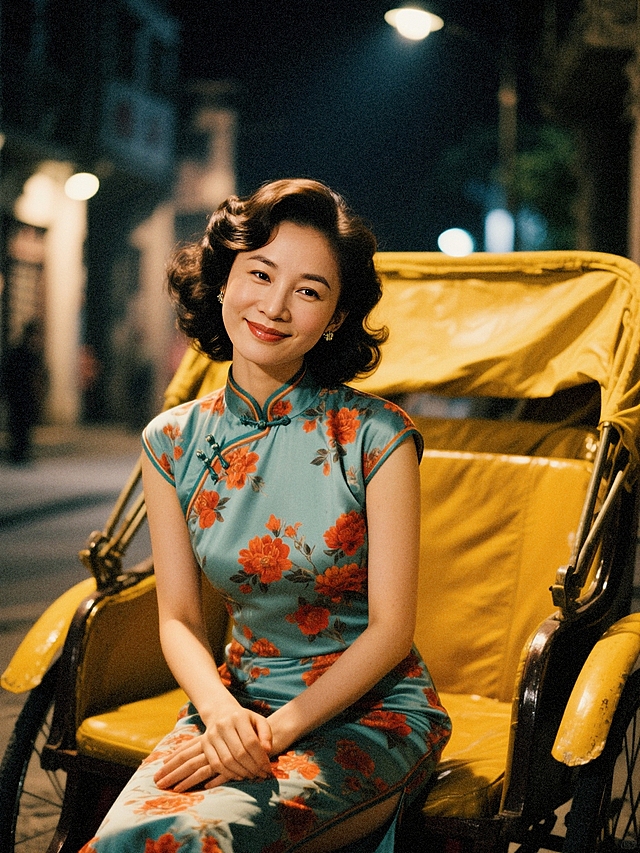 夜晚的60年代香港街道，一个女生（淡青底红花旗袍，手推波发型）坐在老式黄包车后座，双手交叠放在腿上，妩媚御姐。歪头微笑。
