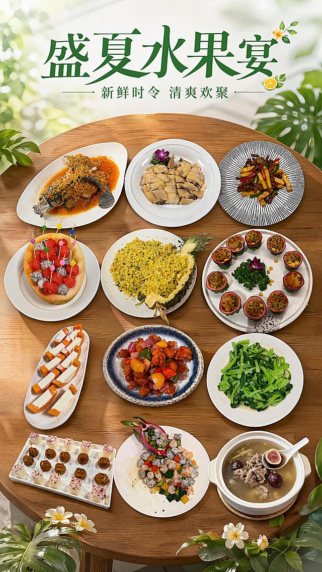 将两张输入图片中的全部13道菜品，保持每道菜品的外形、摆盘、色彩原样不变，整齐摆放在一个圆形实木餐桌上，制作一张盛夏水果宴宣传海报，海报顶部添加主标题文字"盛夏水果宴"，副标题"新鲜时令 清爽欢聚"，整体风格清新有食欲，为写实商业摄影风格，配色清爽自然符合盛夏水果主题，构图为微俯拍环绕式陈列，菜品摆放整齐不拥挤，文字位于顶部留白区域，不遮挡菜品，画质超清，版式精美