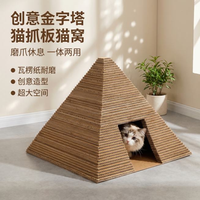 [主图 1] 创意金字塔造型瓦楞纸猫抓板猫窝，家居场景展示。保持产品外观和尺寸与原图完全一致，一只可爱猫咪从猫窝洞口探出脑袋。温馨居家生活感，温馨暖调自然光，午后慵懒光斑，背景为简约干净的客厅角落，浅预览效果