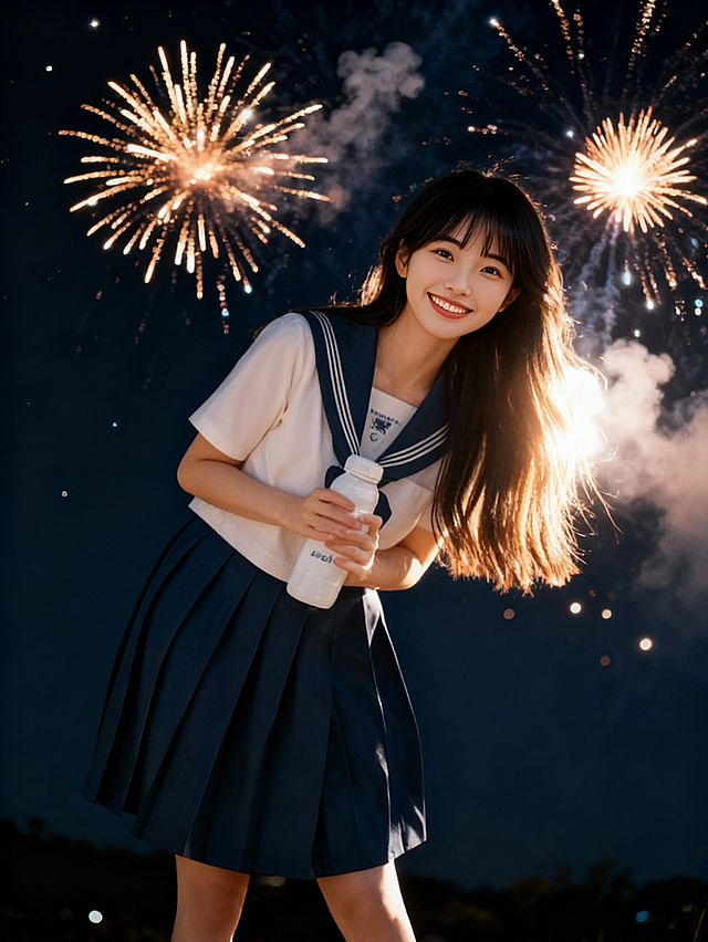 背景换为深色夜空里炸开的几朵烟花，有火光、烟雾、光斑，根据环境调整人物的边缘光，发丝光，逆光，写实风格
