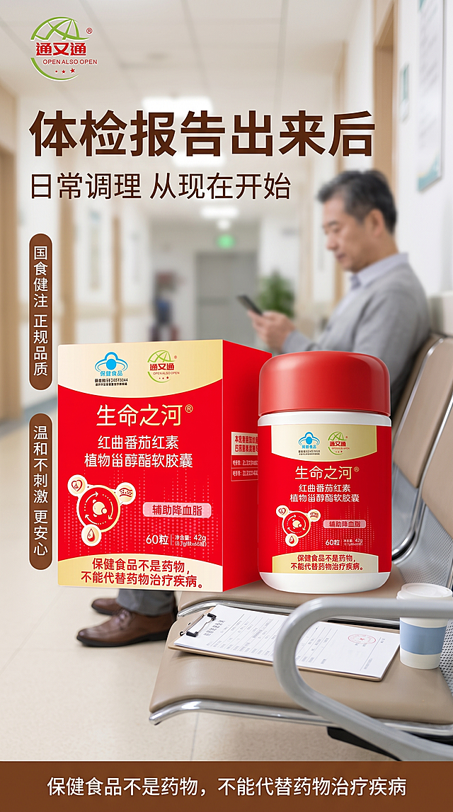 简约风格保健食品海报，生命之河红曲番茄红素植物甾醇酯软胶囊，竖版9:16。产品瓶和包装盒100%还原上传商品图的外形、包装、LOGO、印刷文字、净含量42g、60粒，完整保留原图中的瓶型、盒型、轮廓、结构、比例、红色瓶盖、标签版式、品牌logo、文字信息、材质质感、颜色与正面朝向，以上传图为唯一商品主体来源，设计仅作用于背景、光影、道具、版式和文字区。商品主体占画面45%，位于画面中下部偏右。

画面风格：简约干净，暖棕色调，不花哨不拥挤。背景为医院走廊/候诊区场景虚化：干净的走廊座椅，一位中年人坐在候诊椅上看手机，安静等待的状态，人物虚化处理，不抢产品主体。产品放置在旁边的座椅扶手上，旁边有一份体检报告和一个水杯，营造关注健康、定期检查的场景感。柔和的医院走廊灯光。

文字布局（全部使用中文，清晰可读，文字精简不拥挤，严格遵守保健食品广告合规要求，不反复强调蓝帽子和辅助降血脂，不使用医疗承诺用语，主打健康管理意识，仅在底部保留合规提示）：
- 画面左上方主标题大字："体检报告出来后"
- 主标题下方小字："日常调理 从现在开始"
- 画面左侧两个简洁卖点标签，竖向排列：
  "国食健注 正规品质"
  "温和不刺激 更安心"
- 画面底部通栏细条，居中文字："保健食品不是药物，不能代替药物治疗疾病"
- 无二维码，底部充实

所有文字必须清晰锐利，确保每一个字都能清楚辨认。画面中所有数字必须精确渲染。版式简约精美，层级分明，四周留足安全边距，文字不遮挡产品主体。医院场景自然真实，作为背景氛围，不喧宾夺主，不暗示医疗效果。整体质感引人思考。