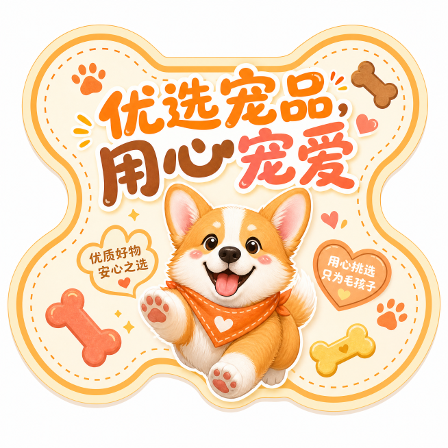 宠物宣传主题异形贴纸，画面中心放置卡通柯基，边缘异形抠图贴合骨头轮廓，圆润活泼大字主标题"优选宠品，用心宠爱"，暖色调配色，边角点缀骨头、爪印、爱心等宠物相关小图标装饰，活泼温馨风格预览效果