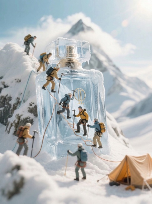 将图2商品放到图1中，商品被冰雪覆盖，小人攀爬商品，保证溶图效果预览效果