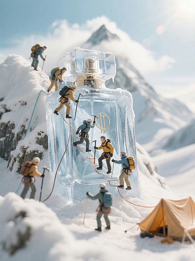 将图2商品放到图1中，商品被冰雪覆盖，小人攀爬商品，保证溶图效果