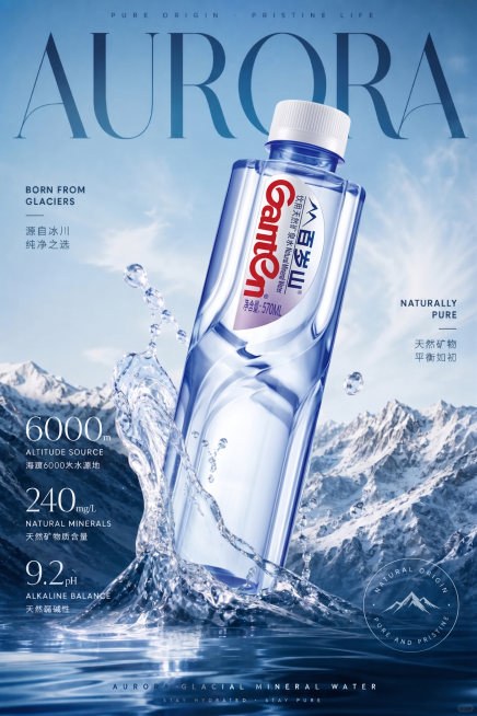 将图中原矿泉水瓶替换为图2的百岁山矿泉水瓶，保持图1的整体布局、预览效果