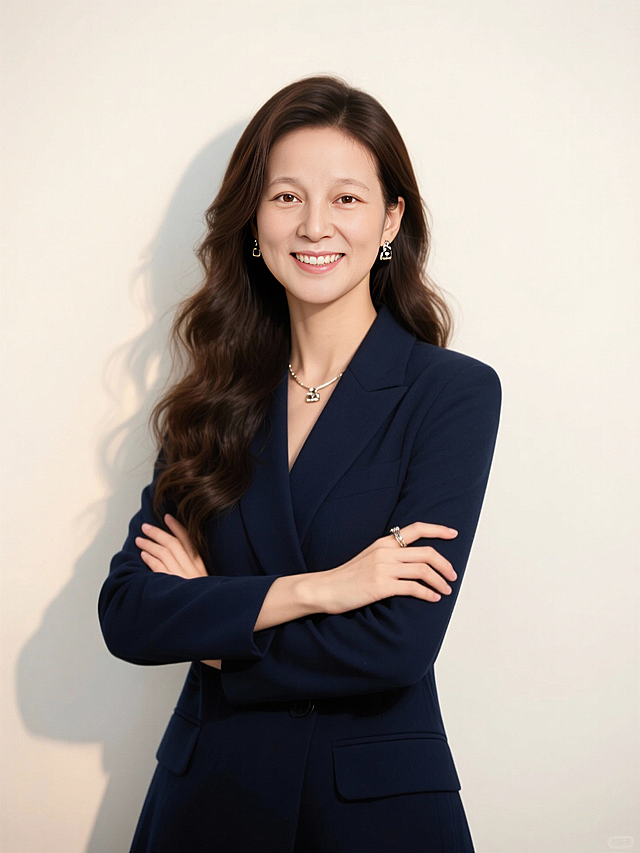 商务形象半身照，女生，藏青色西服，双手交叉抱胸，长发大波浪，精致的金属配饰，米白色背景墙，暖光，微笑