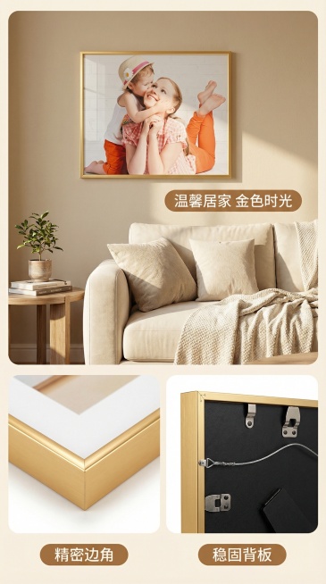 淘宝详情页场景细节图，9:16比例，展示金色相框挂在温馨客厅的场景，阳光柔和洒在相框上，突出相框和家居环境的适配性，同时特写相框的边角细节、背板安装结构，体现工艺精致，营造温暖治愈的氛围，字体用圆体预览效果