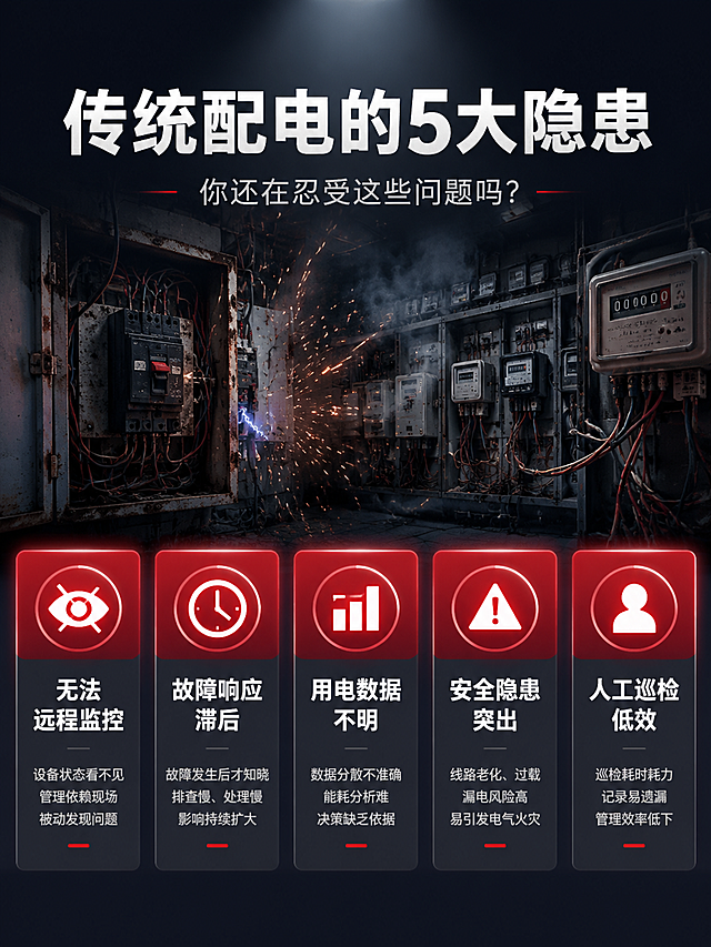 [第2屏] 智慧塑壳断路器痛点直击页。传统配电管理的5大困扰。
[氛围/风格] 工业风，深灰底色，严肃专业，问题警示感，商业设计质感。
[元素布局] 画面分为上下两部分，上半部分为深色背景配电气火灾、跳闸、电表混乱等抽象场景元素；下半部分5个痛点卡片横向排列，每个卡片配一个图标和简短痛点描述；画面中可加入老旧配电箱、杂乱电线、火花等象征性元素。
[光影质感] 整体偏暗调，顶部有微弱光源，痛点卡片有轻微发光边框，营造警示氛围，阴影柔和。
[配色色系] 全局底色 #1A1A2E 深灰蓝；主色白色文字；辅助色警示红 #E63946、深灰 #2D2D44。
[视角构图] 正面平视，上下分层布局，阅读动线从上到下，从左到右阅读痛点卡片。
[文字版式] 顶部主标题「传统配电的5大隐患」，白色粗体大字居中；副标题「你还在忍受这些问题吗？」灰色小字居中；下方5个痛点卡片横向排列：1.「无法远程监控」配眼睛图标 2.「故障响应滞后」配时钟图标 3.「用电数据不明」配图表图标 4.「安全隐患突出」配警告图标 5.「人工巡检低效」配人形图标；每个卡片红底白字标题+灰底描述。文字清晰，手机端可读。
[比例分辨率] 3:4竖版比例，4K分辨率，文字清晰可辨，高清画质。
[负向提示词] 变形，水印，文字错乱，文字过小，颜色偏差，背景杂乱，出现具体品牌logo。