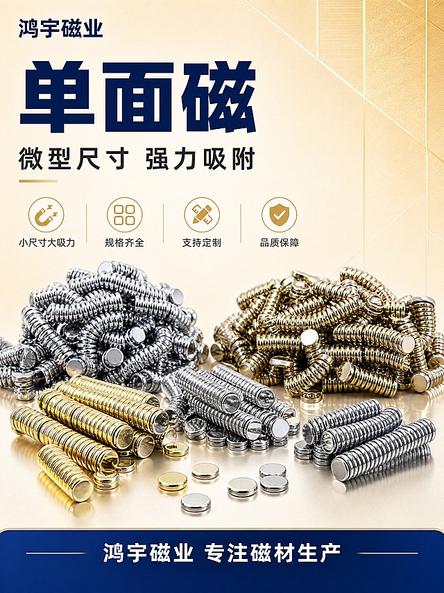 [商品] 使用【图1】【图2】【图3】圆形单面磁铁片产品；保留圆形微型磁铁片的形状、银色/金色金属质感和单面磁结构，保留产品的金属光泽和圆形轮廓；产品精修：清理表面灰尘和划痕，增强金属表面反光质感，边缘清晰锐利，突出金属质感和小巧尺寸。
[画面] 页面目标：专业头图，建立源头工厂品质感，突出微型单面磁小尺寸大吸力特点。上下构图，上半部分为标题区，下半部分为产品展示区。画面中央偏下位置陈列多组圆形单面磁铁，有堆叠成串的、有平铺展示的，金银两色都有，形成丰富的产品阵列，突出微型尺寸和大量现货，产品占画面约55%。背景为米金色渐变，带有淡淡的几何线条装饰。左上角用文字写"鸿宇磁业"，不加任何图形logo。底部有一条深蓝色信息条。
[视觉] 套系策略：风格=蓝金工业品质风，源头工厂专业感；标题字=现代粗黑体，厚重有力；正文字=简洁无衬线体；主色=深蓝色+米金色；背景延展=米金色到浅米色渐变，带细腻纹理质感；强调色=浅金色，用于图标、引线、标签；标题色=深蓝色；正文色=深灰色；组件=圆角信息卡、细线引线、浅金色图标；光影=柔和顶光，金属磁铁有细腻高光和边缘反光，立体感强。
[文字] 上部左侧主标题深蓝色大字写"单面磁"，副标题写"微型尺寸 强力吸附"，下方4个浅金色小图标配短文案：小尺寸大吸力、规格齐全、支持定制、品质保障。底部深蓝色信息条白字写"鸿宇磁业 专注磁材生产"。文字横排，层级清晰，不遮挡产品主体。
[规格] 图片比例3:4竖版，2K分辨率，避免变形、错字、文字过小、产品结构失真、颜色偏差、悬浮感、水印、平台Logo。