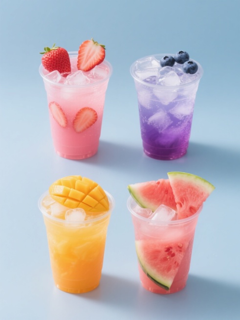 四个不同水果口味的冰镇饮料，每个饮料都盛放在透明塑料杯中，杯中装满冰块和对应口味的果汁，杯口装饰着该口味的水果切片，分别为草莓味（粉红色果汁配草莓切片）、蓝莓味（蓝紫色果汁配蓝莓）、芒果味（橙黄色果汁配芒果片）、西瓜味（粉红色果汁配西瓜片），所有饮料在纯色背景上呈规整的2x2网格排布，保持高度写实的摄影风格，光线明亮，突出饮料的清爽质感和水果的鲜艳色彩，无LOGO、电话地址及二维码预览效果