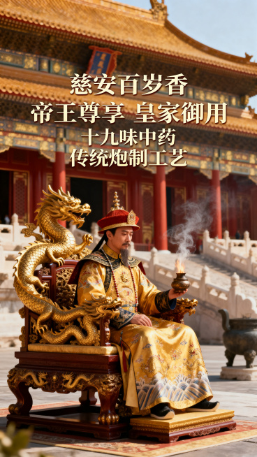 一张大气的宫廷风熏香海报，宫廷大气朝廷背景，包含皇帝熏香场景，整体大气美观突出主题。海报主标题文字："慈安百岁香 帝王尊享 皇家御用 十九味中药 传统炮制工艺"，文字突出醒目，风格典雅奢华，皇家氛围浓预览效果