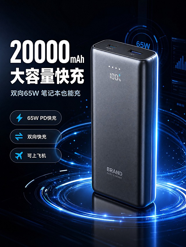 [商品] 通用款充电宝，长方形圆角设计，金属质感外壳，正面有电量显示灯和品牌Logo区域，USB-C/USB-A双接口，保留整体结构比例和材质质感。
[画面] 目标：硬核头图，突出大容量快充旗舰定位。深色科技性能型版式，大标题压迫型骨架。产品居中偏右，占画面60%，产品周围有蓝色发光线条和能量粒子环绕，背景为深灰黑色科技感渐变，左侧留白放文案区。前景点状光效，中景产品主体，后景几何线条和数据可视化元素。
[视觉] 套系策略：风格=深色科技商业摄影风；标题字=现代无衬线粗黑体；正文字=简洁无衬线体；主色=深空黑+科技蓝；背景延展=基于深空黑做蓝紫色渐变光晕、几何线条和粒子光效；强调色=电光蓝，仅用于小面积图标、引线、标签和发光效果；标题色=纯白色；正文色=浅灰蓝；组件=圆角半透明信息卡、发光细线引线；光影=产品左前侧主光+右侧轮廓蓝光，产品底部有反射倒影。
[文字] 左侧上方主标题「20000mAh 大容量快充」，副标题「双向65W 笔记本也能充」，下方3个卖点胶囊：「65W PD快充」「双向快充」「可上飞机」，文字不遮挡产品主体。
[规格] 图片比例3:4竖版，分辨率4K，负向提示：避免变形、错字、文字过小、产品颜色失真、白底、廉价感、模糊、重影。