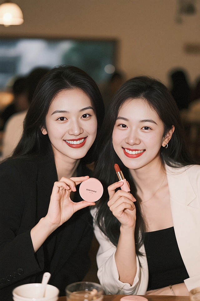 2个女生，拿着口红和粉饼的合照影像，轻熟风，时尚穿搭，休闲聚会场景，快乐氛围，光感柔和，生活记录感，享受时光
