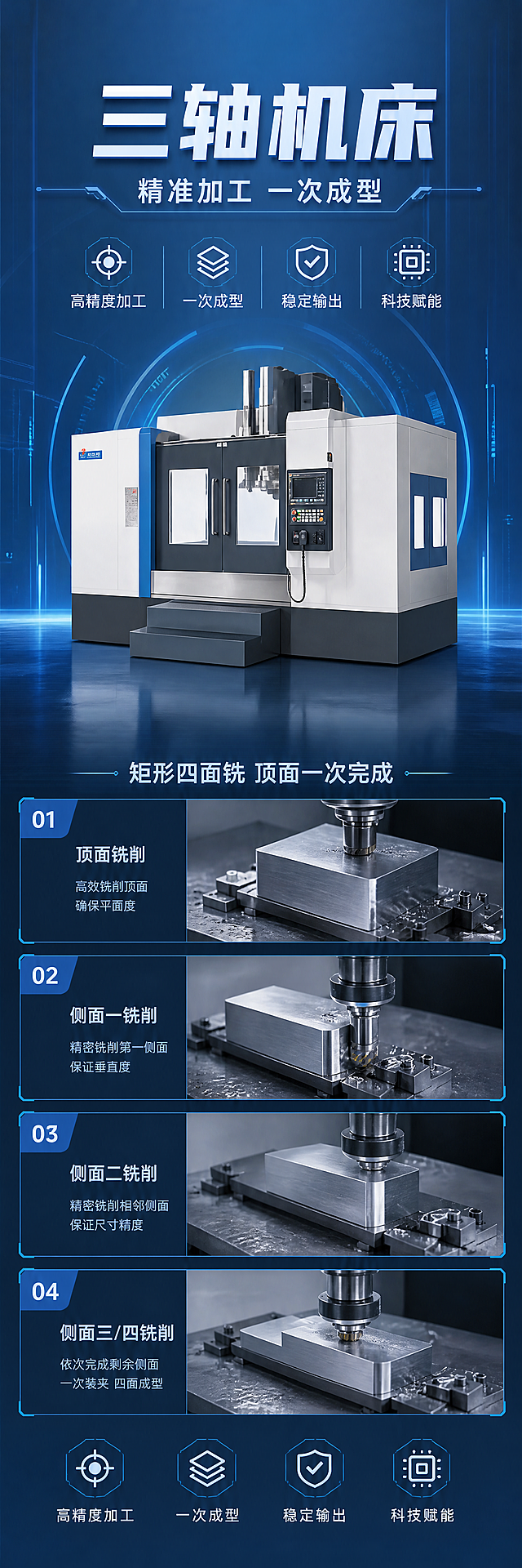 基于参考图生成蓝色科技风格的工业三轴机床海报，100%还原原图中三轴机床的外形、结构、比例、颜色。整体为蓝色科技背景，整体色调为蓝色调，颜色模式CMYK，光影协调。海报上方主体展示三轴机床，下方添加矩形四面铣顶面一次完成工件的分镜小场景，排版精美，主标题为"三轴机床"，副标题为"精准加工 一次成型"，卖点文案：高精度加工，一次成型，稳定输出，科技赋能，画面比例1:4，写实商业摄影风格，科技工业氛围，主次层级分明，文字不遮挡产品主体，所有元素合规无版权风险。