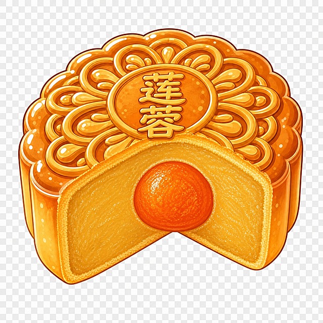 保持与参考图完全一致的卡通插画风格、月饼大小、四分之一切开角度、花纹样式和透明背景。将月饼改为蛋黄莲蓉口味：顶部花纹中央写有'莲蓉'二字，切开处可见细腻的金黄色莲蓉馅料，中间包裹着一颗完整的油润咸蛋黄，蛋黄呈橙红色有沙质感，莲蓉绵密细腻，外皮金黄有光泽，Q版可爱风格，高清细节