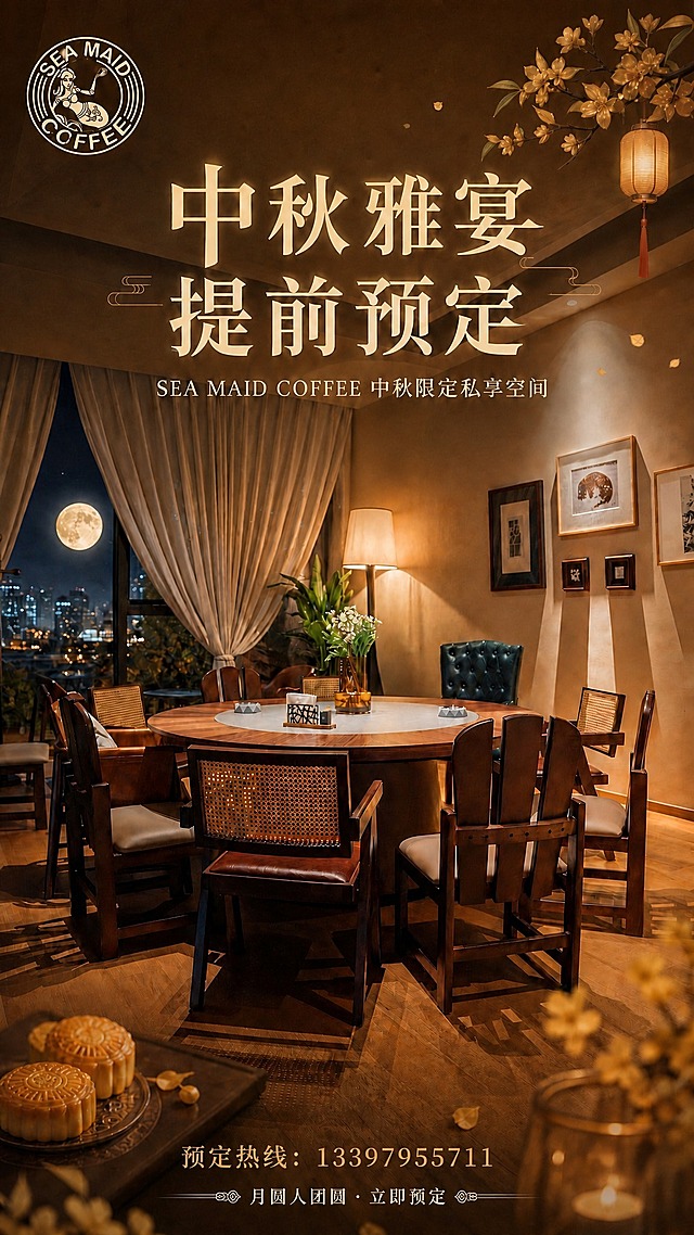 将海报底部的两行文字位置对调：原来上方的"月圆人团圆·立即预定"移到下方，原来下方的"预定热线：13397955711"移到上方。两行文字保持各自的字体样式、金色风格和水平居中对齐，仅交换上下位置，间距适中。画面其他所有元素（场景、主标题、副标题、LOGO、月饼、装饰花等）完全保持不变，整体风格统一自然。