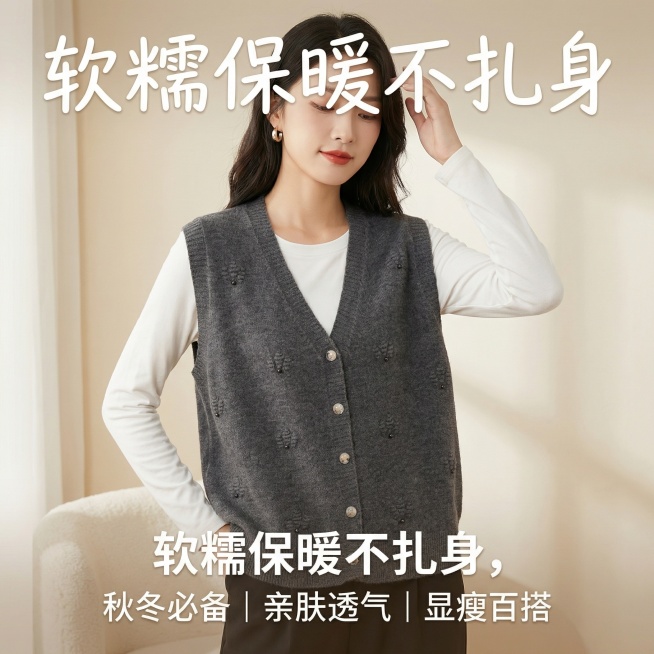 生成适合抖音的灰色针织马甲背心商品主图，参考提供的款式，保留V领开衫、黑色珍珠装饰和立体花纹设计，颜色为灰色，人物模特内搭穿着白色长袖，展示商品版型，添加卖点文案：软糯保暖不扎身，秋冬必备｜亲肤透气｜预览效果